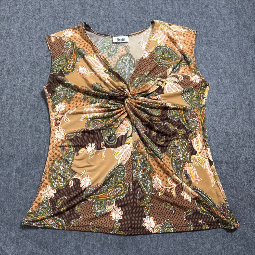 VTG 90s Savannahs Brown Paisley Twist Front Sleeveless Top XL Made in USA